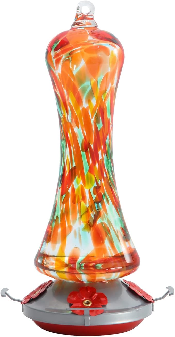 Glass Hummingbird Feeder for Outdoors: Orange Window Hanging Hummingbirds Presents for Women - Ant Moat Included, Metal Base with 4 Feeding Ports & Perch, Leak Proof, 38 fl.oz, Best Garden Decor