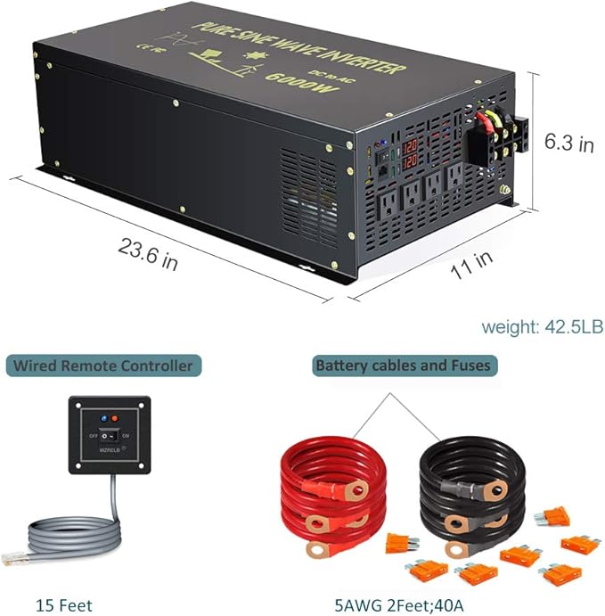 WZRELB 6000W 12V 120V Pure Sine Wave Power Inverter 4 AC Outlets Wired Remote Control,RV, Camping