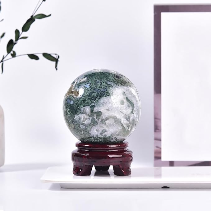 Large Moss Agate Crystal Sphere Natural Healing Crystal Ball with Stand Meditation Decorative Balls Home Decor 80-90mm/3.1-3.5"