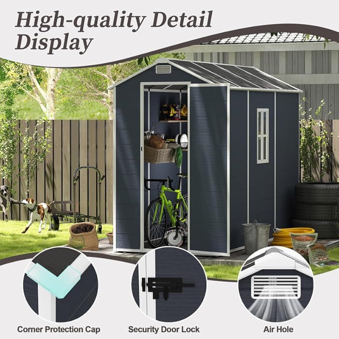4x8 FT Resin Outdoor Storage Shed with Floor and Window, Outside Waterproof Plastic Garden Sheds w/Lockable Door & Vents, All-Weather Tool House for Patio, Backyard, Lawn, Dark Gray