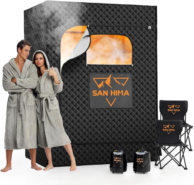 SAN HIMA Portable Sauna for Home - 2 Person Steam Sauna Box at Home Spa with 3L 1500W Steamer, 9 Levels Heat, 90 Minute Timer, Foldable Chair, Remote Control for Indoor Outdoor