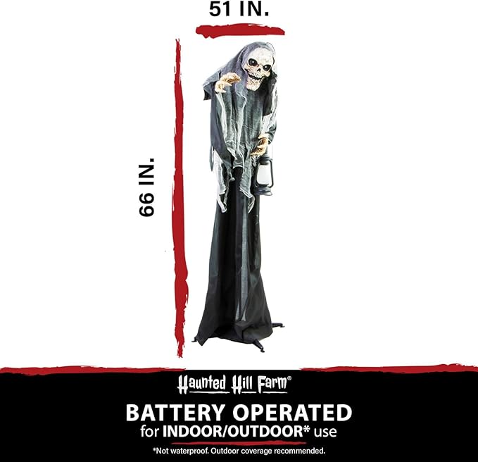 Haunted Hill Farm Life-Size Scary Skeleton Reaper Holding Lantern, Halloween Animatronic with Touch Activated Lights and Sound, Battery Operated Indoor or Covered Outdoor Halloween Decorations