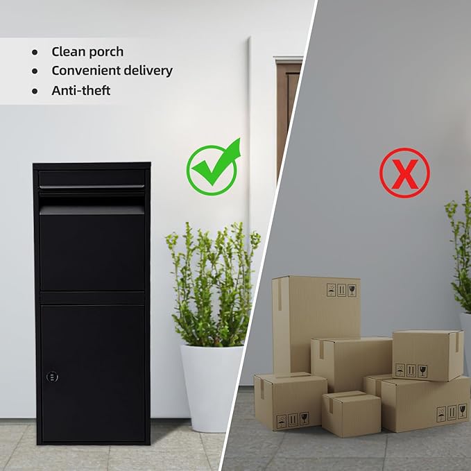 Black Mailboxes for Outside，Galvanized Steel Large Package Delivery Boxes for Outside,with Adjustable Baffle Parcel Drop Box,Wind and Rainproof Packages Box for front Porch