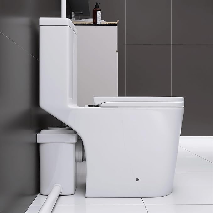 WinZo 450W Macerator Pump Toilet For Basement,Elongated 17-inch Tall Comfort Seat,Powerful Macerating Toilet System With 3 Water Inlet & Ac Vent