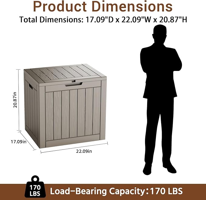 30-Gallon Outdoor Deck Box with Wood-Grain Finish, UV Resistant Waterproof Storage Container with Lock, Storage Box for Camping, Garden & Backyard, Multi-Functional Seat and Table, Light Brown