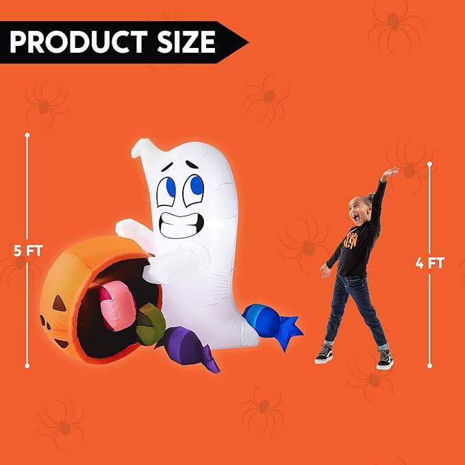 Joiedomi 5 FT Tall Halloween Inflatable Outdoor Decorations, Halloween Ghost Blow Up Yard Decorations, Inflatable Ghost with Candy Pumpkin Cauldron for Garden Decoration