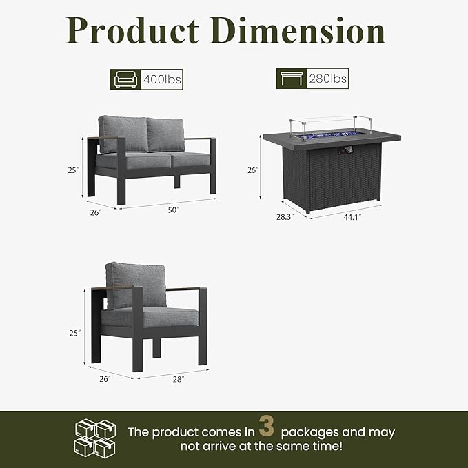 LayinSun 4 Piece Aluminum Outdoor Furniture Set with Fire Pit Table, Outside Patio Deep Seating Conversation Set with Upgraded Washable Thick Cushion