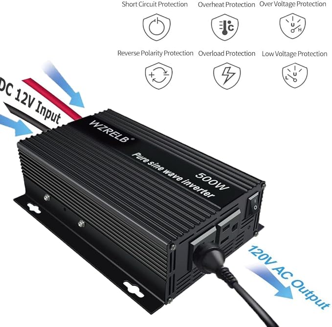 WZRELB 500W Pure Sine Wave Inverter 12VDC to 120VAC Solar Power Converter Truck RV Home LCD Display