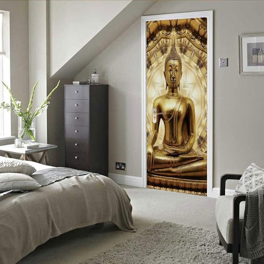 3D Buddha Statue Door Stickers Murals - Peel and Stick Wallpaper Self-Adhesive Decals - Removable PVC Waterproof Poster for Bedroom Living Room 31.5" x 78.7"
