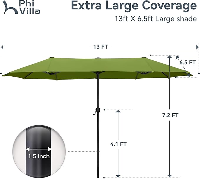 PHI VILLA 13ft Large Patio Umbrellas, Double-Sided Outdoor Market Rectangle Umbrella for Outside, Lime Green