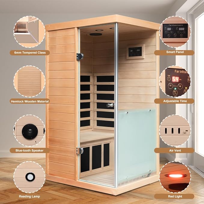 Sauna Infrared Saunas for Home 1 Person, 1060W Far Infrared Sauna Room Hemlock Wood Indoor Saunabox with Tempered Glass, Blue-Tooth Speakers, LCD-Display Control Panel