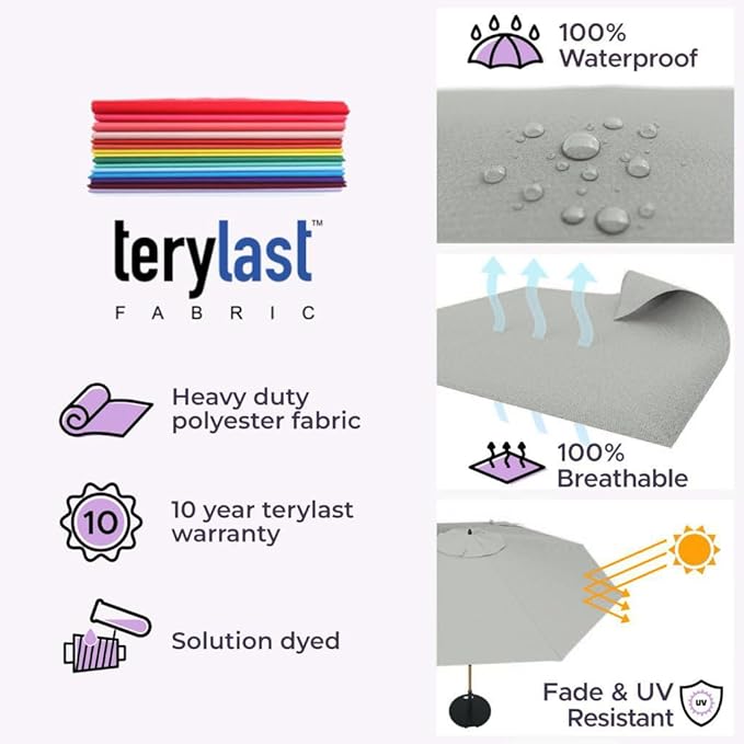 Midtown Umbrellas The Swilt 10 Feet Patio Umbrella in Terylast Matter (Grey) Polyester Fabric - Fiberglass Ribs, Auto-Tilt Aluminum Frame For Backyard, Deck, Garden, Pool - White Pole