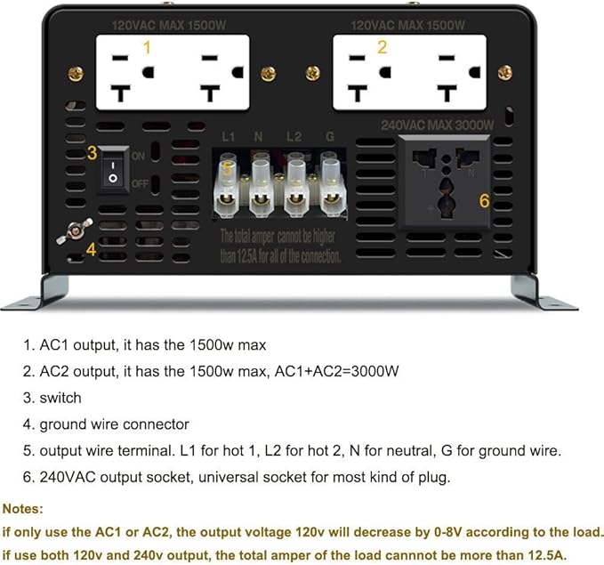 WZRELB 3000W 48V Pure Sine Wave Inverter 48VDC Input to 120VAC 240V AC Split Phase Output, 4 ac Outlets,AC Hardwire Terminal,LCD Display for Home,RV,Truck