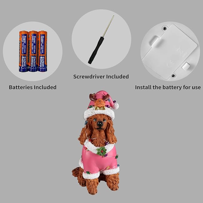 Christmas Decorations Outdoor Dog Statue, Resin Poodle Dog Sculpture with Pink Christmas Santa Outfit & Lights, Battery Operated Indoor Holiday Décor Gift for mom