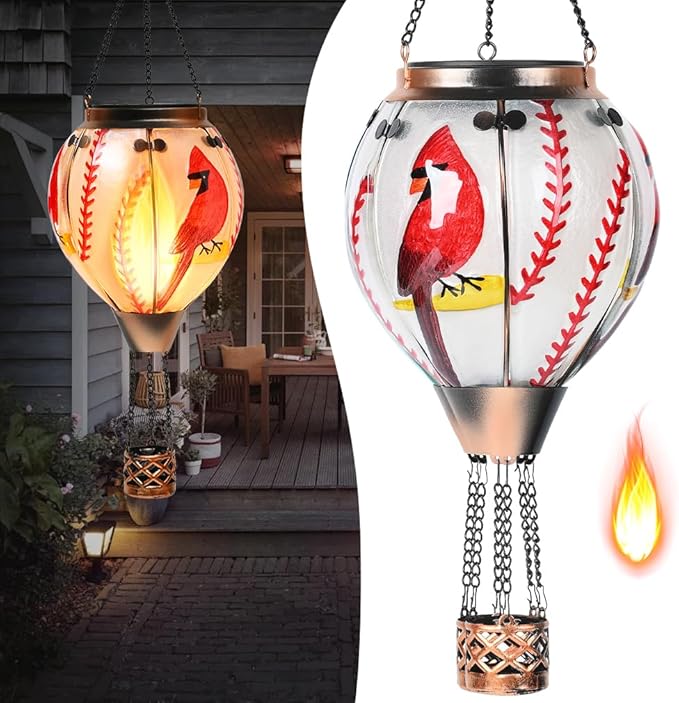 Hot Air Balloon Solar Lantern - Cardinal Bird Glass Lantern, Simulated Flickering & Dancing Flame, Outdoor Hanging Yard Light Waterproof IP65 for Patio Lawn Porch Decor Gift