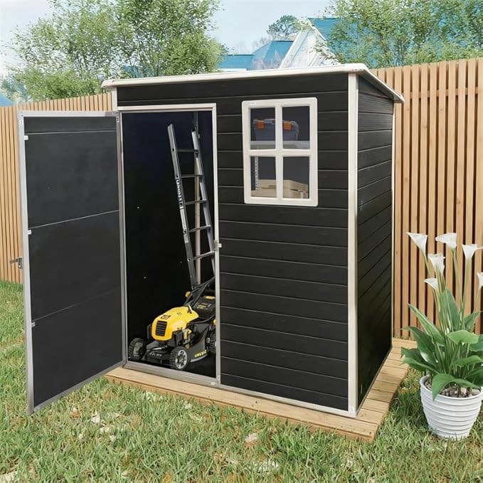 5x3 FT Resin Outdoor Storage Shed with Floor, Waterproof Heavy-Duty Plastic Garden Sheds w/Window and Lockable Door, Outside Tool Shed for Backyard, Patio, Lawn, Bike, Toys, Black
