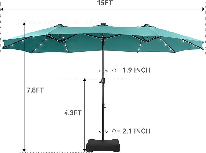 GREEN PARTY 15 ft Rectangle Patio Umbrella with Solar Lights and Base Included, Double-Sided Market Table Umbrella with Crank, Large Outdoor Umbrellas for Patio Poolside Garden Backyard, Turquoise