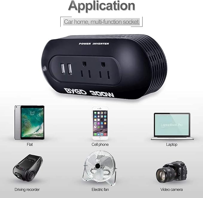 300W Power Inverter 12V DC to 110V AC Car Adapter with 4.8A Dual USB Ports and AC Outlets, Portable Compact Power Converter for Laptop, Phone, Tablet, RV, Camping(Black)