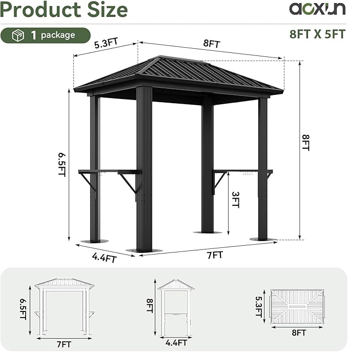 Aoxun Grill Hardtop Gazebo 5 x 8 FT, Outdoor Metal Hard Top Gazebo, Permanent BBQ Pavilion with Galvanized Steel Roof, Aluminum Pavilion with Shelves for Lawn, Garden, Patio, Backyard (Dark)