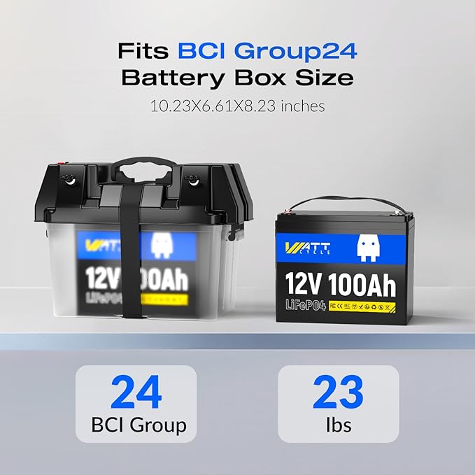 WattCycle 12V 100Ah LiFePO4 Lithium Battery 2 Pack - BCI Group 24, 15000 Cycles, Built-in 100A BMS, Low-Temperature Protection - Ideal for RVs, Golf Cart, Home Energy Storage, Marine (2 Pack)