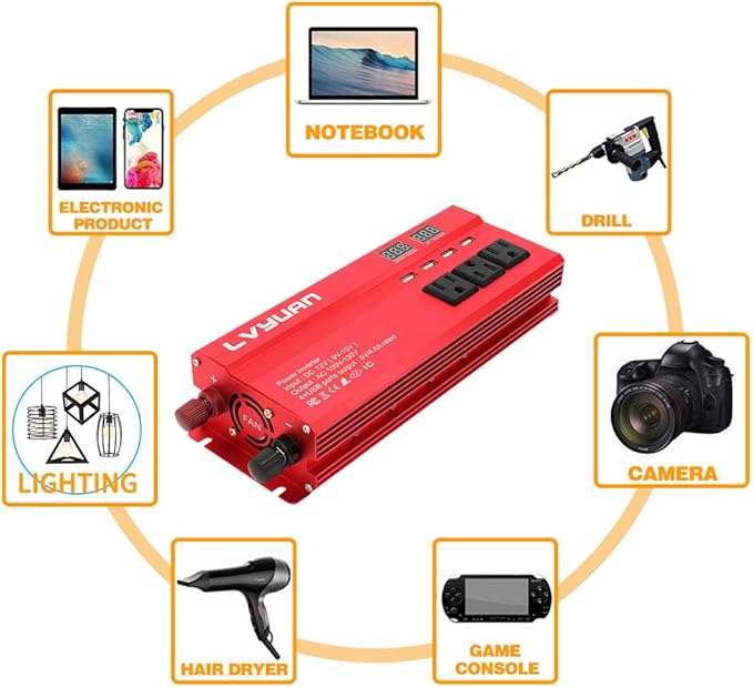 Yinleader Car Power Inverter 1000W/2000W(Peak) DC 12V to 110V AC Converter with Intelligent LED Display 4 AC Outlets 4 USB Charger for RV Caravan Truck Laptop(Red)