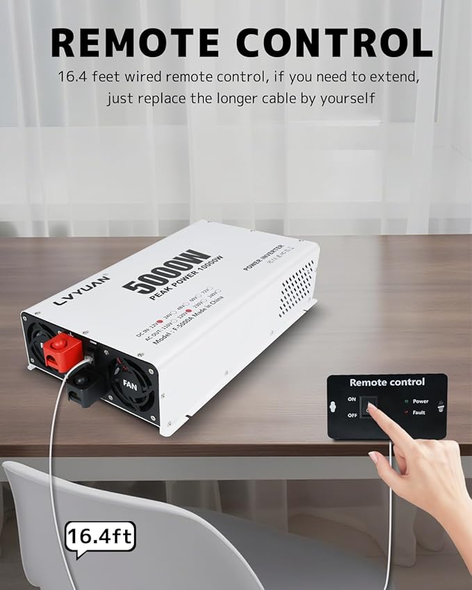 LVYUAN 5000 Watt Power Inverter 12V to 110V 120V DC to AC Converter with 4 AC Outlets, LCD Display, USB Charge Port, Remote Control for Home RV Vehicle Outdoor Camping Car Power Inverter