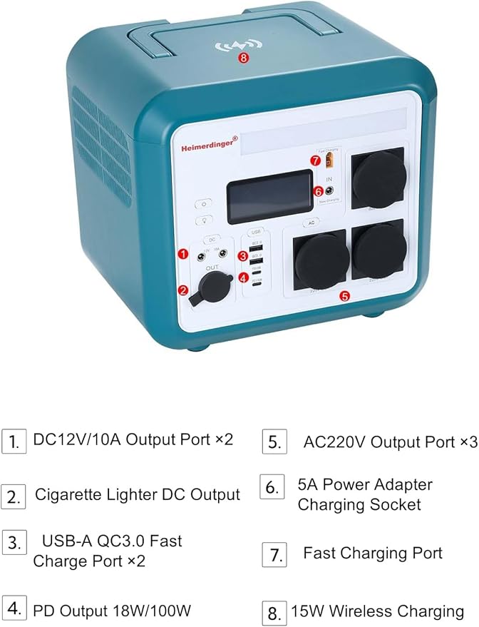 Heimerdinger 1500W Solar Generator Portable Power Station, 1152Wh LiFePO4 Battery, 3000W Peak, AC/DC/USB-C PD100W, for Outdoor Camping, RV, Power Outages