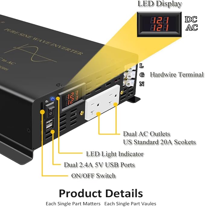 5000Watt Pure Sine Wave Power Inverter 12VDC to 120VAC 10KW Peak Built-in Soft Starter Dual AC Outlets 2× 2.4A USB Port &Hardwire Terminal Off-Grid Solar Converter RV Trucks (U5-500012)