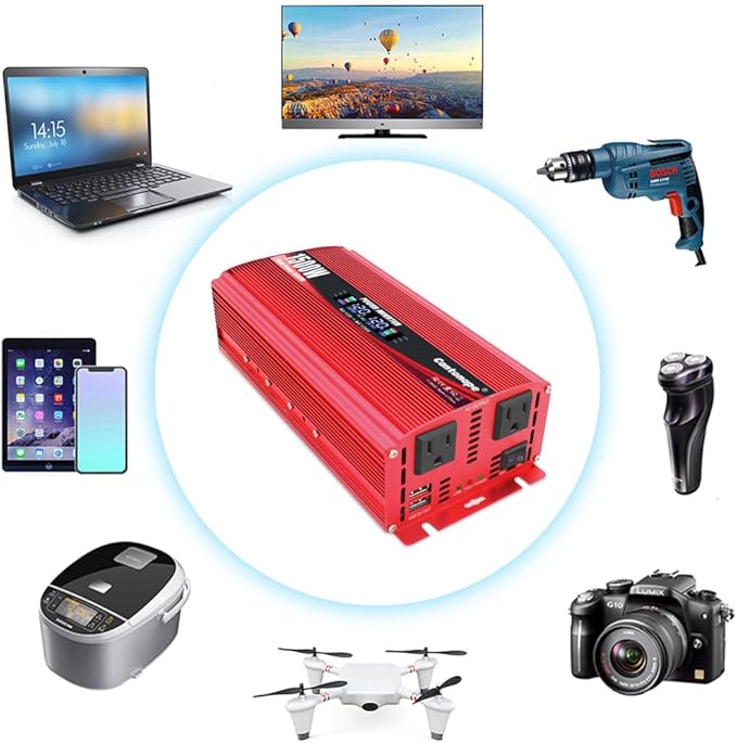 1500W Power Inverter 12V to 110V/120V Car Charger Converter with LCD Display, 3.1A Dual USB Ports 2 AC Outlets Car Adapter for RV, Truck, Solar, Off-Grid, Vehicle, Red