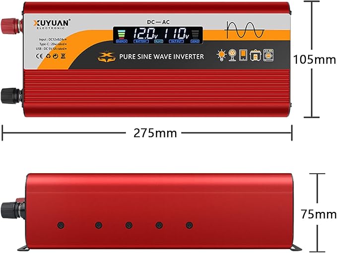 1000W Pure Sine Wave Inverter (2000W Peak), 12V/24V Auto-Detect, 50Hz/60Hz Switchable, LCD Display, Type-C Fast Charging, Silent Design, Overload & Overheat Protection for RV, Home (RED-1000W)