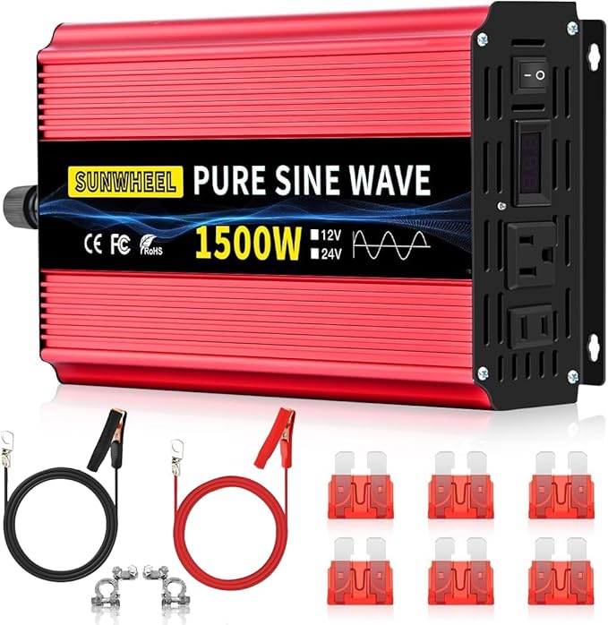 SUNWHEEL 1500W 24V Pure Sine Wave Inverter, 24V DC to 110V/120V AC Power Inverter for RV、Off Grid、Truck、Power Outage with 2 AC outlets and LCD Display