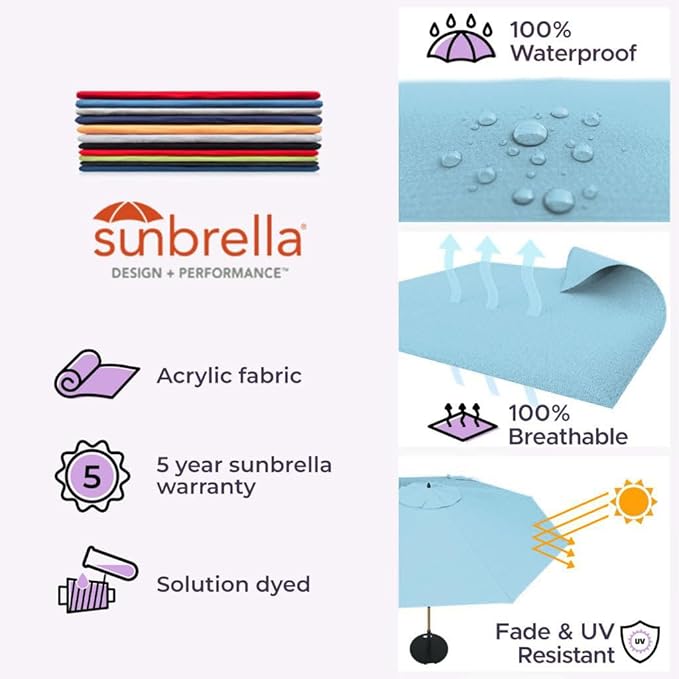 Midtown Umbrellas The Wooden 8 Feet Patio Umbrella With Sunbrella Capri Acrylic Fabric - Aluminum Frame Market Umbrella For Backyard, Deck, Garden, Pool - Wooden Pole