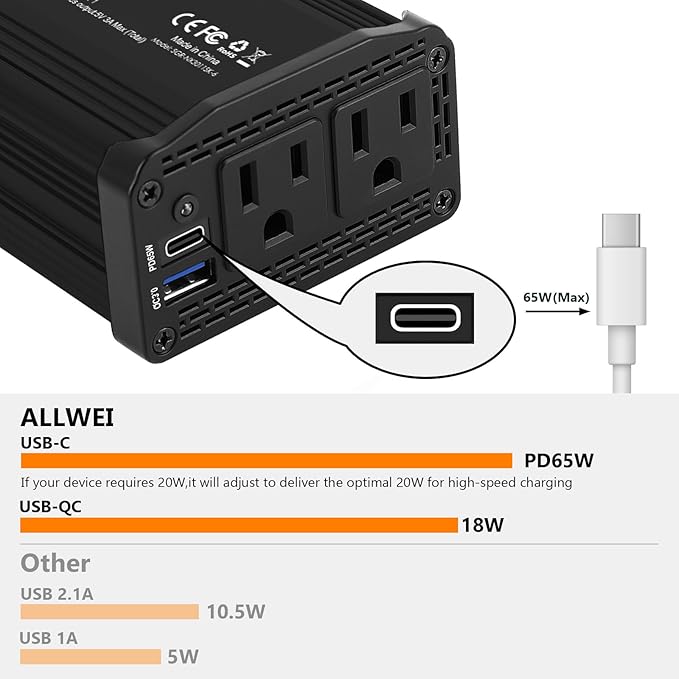 ALLWEI 300W Power Inverter 12V DC to 110V AC Car Plug Adapter Outlet Converter with 65W PD USB-C &18W USB-A Fast Charger, Car Cigarette Lighter Adapter for Laptop Tablets Phones - Portable - Black