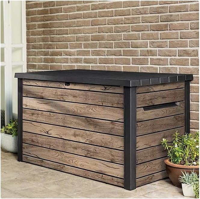 Stylish Indoor/Outdoor Storage Deck Box,Resin,Large Capacity, Weather-Resistant, Lockable lid and Side handles. (Rust Wood Brown, 230 Gallon)