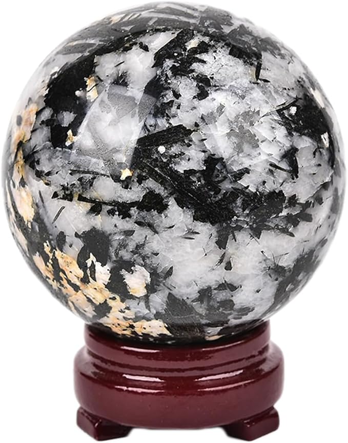 JIC Gem Black and White Tourmaline Crystal Sphere with Wooden Stand,Decorative Crystal Ball Black&White Gemstone Sphere for Meditation,Feng Shui,Witch-Style Decor,Office Table Decorations 70-80mm