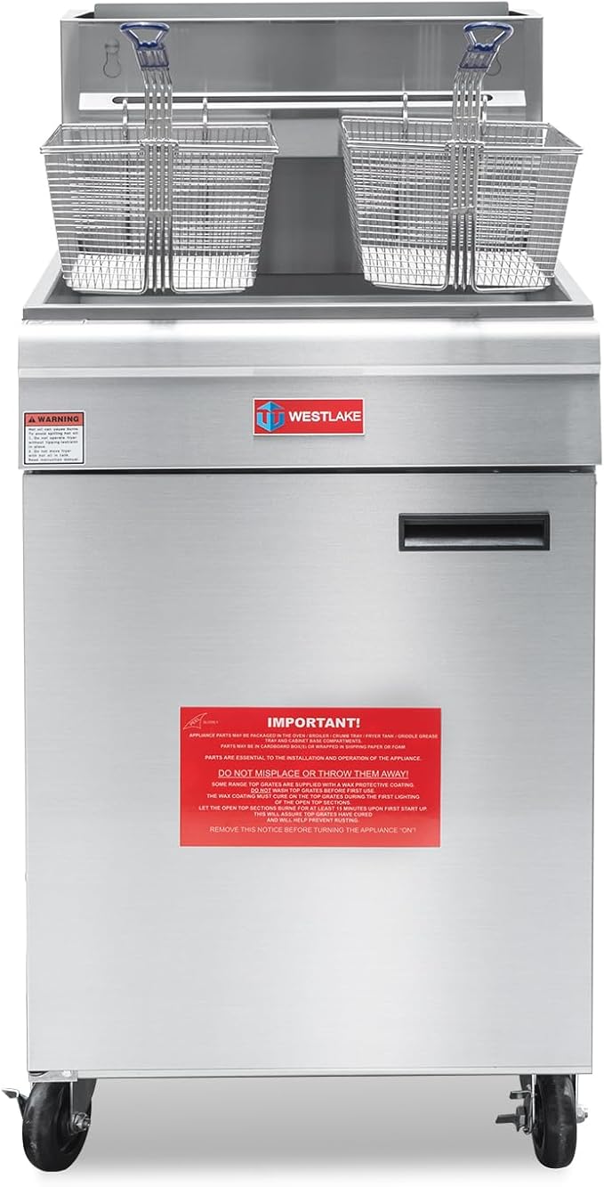 WESTLAKE Commercial Gas Deep Fryer, Stainless Steel Free Standing Floor Frye with Baskets 5 Tube 150000 BTU 70LB for Restaurants
