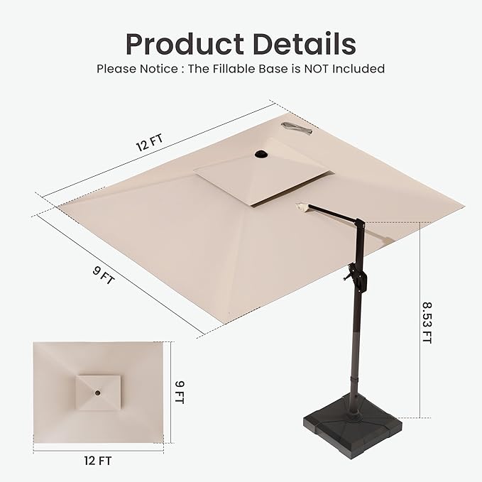 9x12 FT Cantilever Patio Umbrella Double Top Outdoor Rectangular Large Heavy Duty Aluminum Offset Umbrellas with 7 Level Tilt 360-degree Rotation for Pool Garden Deck, Beige