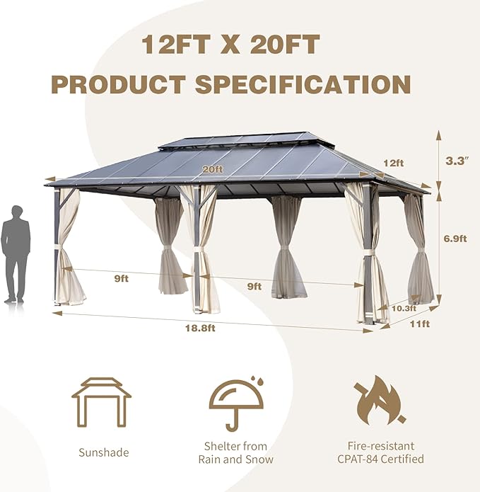 MELLCOM 12x20FT Hardtop Gazebo, Permanent Outdoor Aluminum Patio Gazebo with Aluminum Composite Double Roof for Patio Lawn and Garden, Curtains and Netting Included