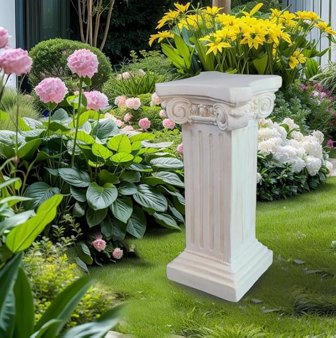 Elegant Classical Greek Roman Ionic Order Vintage Weathered Column Pedestal Decorative Display Stand for Statues Plants, or Vases Perfect for Home Decor and Event Settings, White