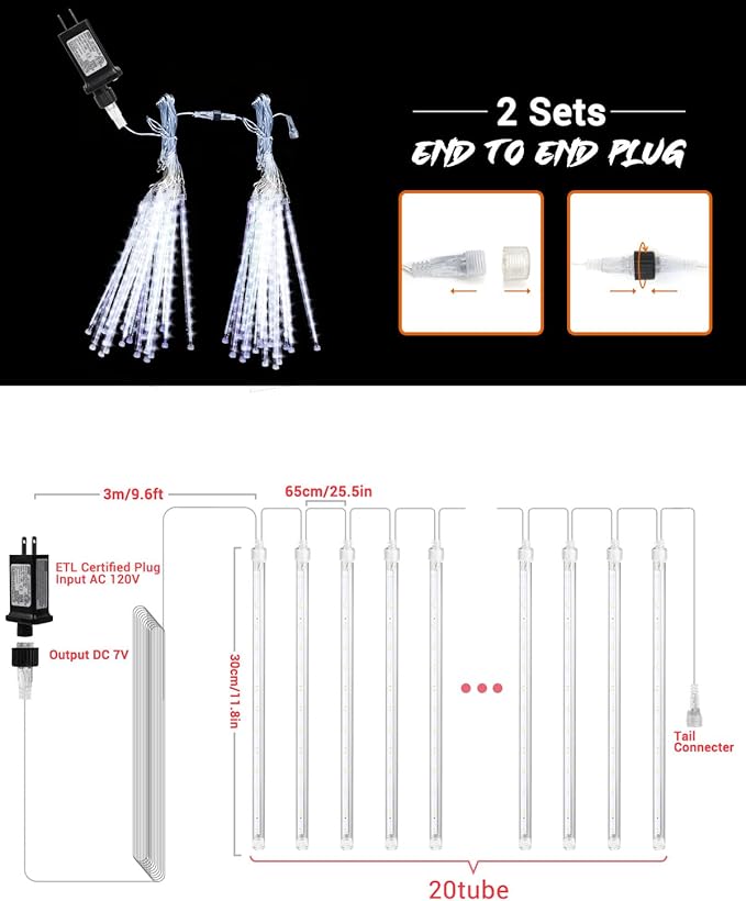 Cool White 20 Tubes Meteor Shower Icicle Lights 480 LED Raindrop Lights with Timer Function Cascading Falling Rain Light for Holiday Party Christmas Decorations