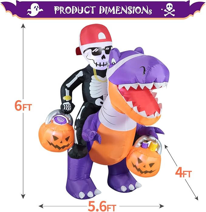 DomKom Halloween Inflatable Blow Up Decorations, 6FT Skeleton Knight Riding Dinosaur, Built-in LEDs for Holiday Party, Garden, Lawn, Yard, Patio Décor