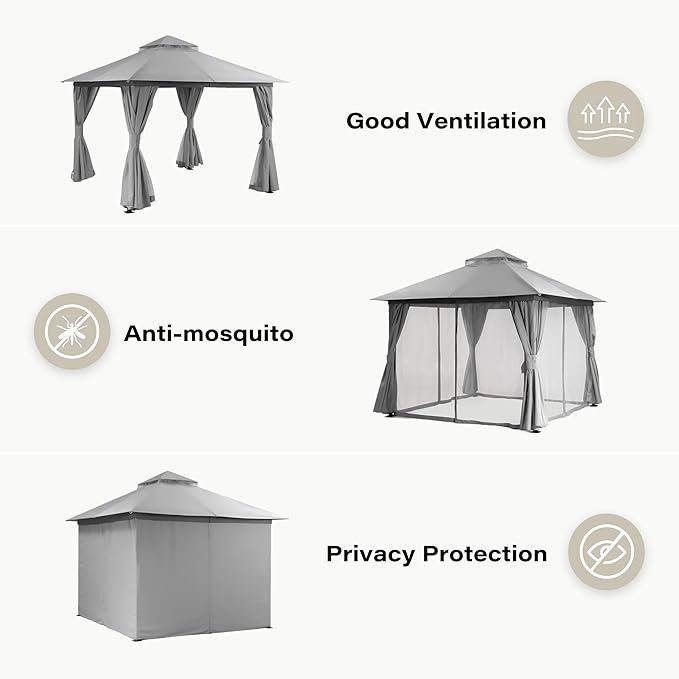 Outdoor Patio Gazebo 10FT, Heavy Duty Party Tent & Shelter with 2-Tier Roof and Expansion Bolts, Mosquito Nettings and Privacy Screens for Backyard, Garden, Poolside, Gray