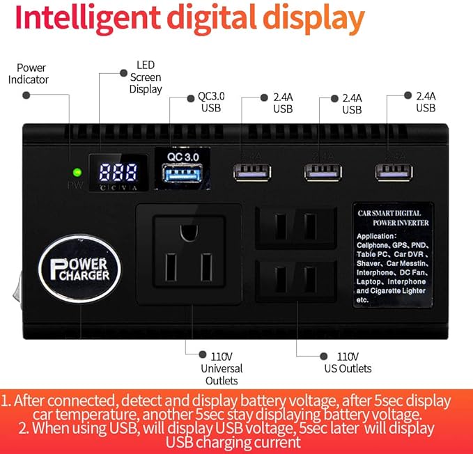 Car Power Inverter 120W 12V 24V DC to 110V AC 4 USB Ports Car Charger Adapter with 3 AC Outlets Dual Cigarette Lighter, Digital LED Display Quick Charging 3.0 for Phones Tablets PC Laptops (120W)