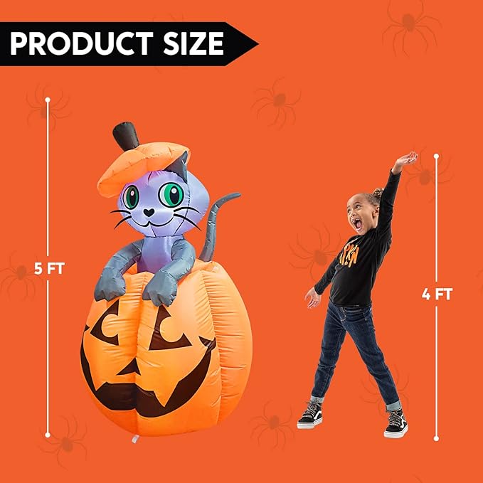 Joiedomi 5 FT Halloween Inflatables Outdoor Decorations, Inflatable Halloween Decor Outdoor Blow Up Pumpkin for Yard, Animated Blow Up Cat On Pumpkin with LEDs for Outside Decor