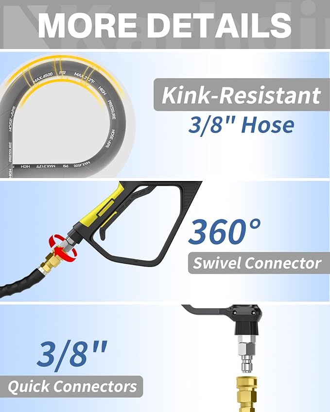 Pressure Washer Hose 75FT 3/8" for Cold and Hot Water 212°F, with Swivel Quick Connect, 4500PSI Kink Resistant Grade Steel Wire Braided, Power Washer Hose With 2pcs M22-14mm Adapter