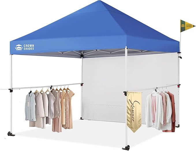 CROWN SHADES 10x10 Pop Up Canopy Tent with 1 Comercial Kit, Instant Commercial Tent with Patended Centerlock, 400D Silver Coated Fabric, 1 Sidewall, 4" Wheels, Sto'N Go Bag,Blue