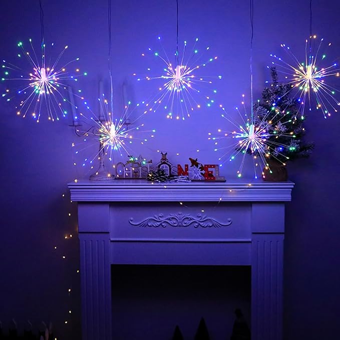 8 Pcs Total 800 LED Firework Copper Wire Lights, 8 Modes Fairy Twinkle Lights Plug in String Lights 1M/3.3FT Spacing Starburst Lights with Sagging Wire and Remote Control(Colorful)