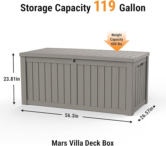 Mars Villa Deck Box, Waterproof and Weatherproof Large Resin Storage Bin with Lockable Lid, Ideal for, Outdoor, Patio Furniture Cushions, Pool Supplies, Garden Tools (119 Gallon, Light Brown)