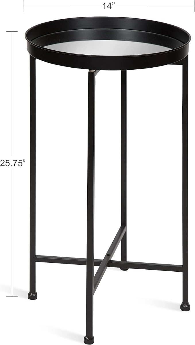Kate and Laurel Celia Round Metal Foldable Accent Table with Mirror Tray Top, Black
