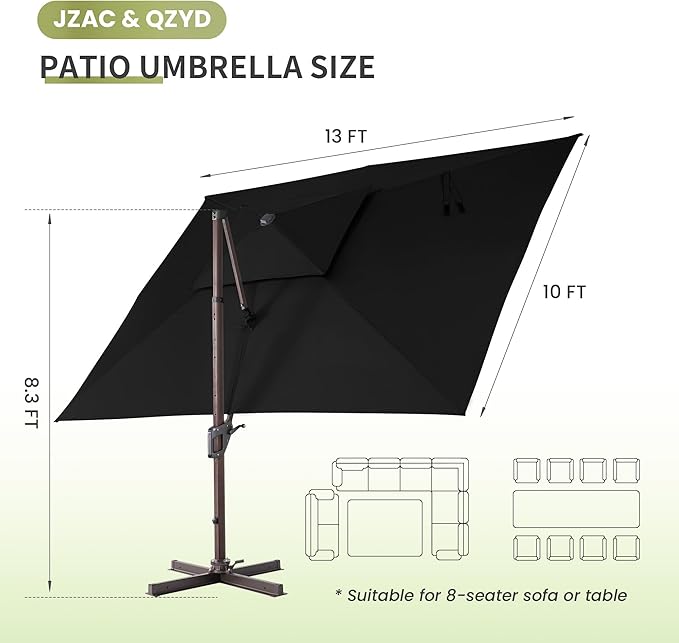 JZAC & QZYD 10 X 13 FT Cantilever Patio Umbrella Outdoor Large Heavy Duty Rectangle Offset Double Top Umbrellas with 360° Rotation for Pool Deck Backyard Garden, Black